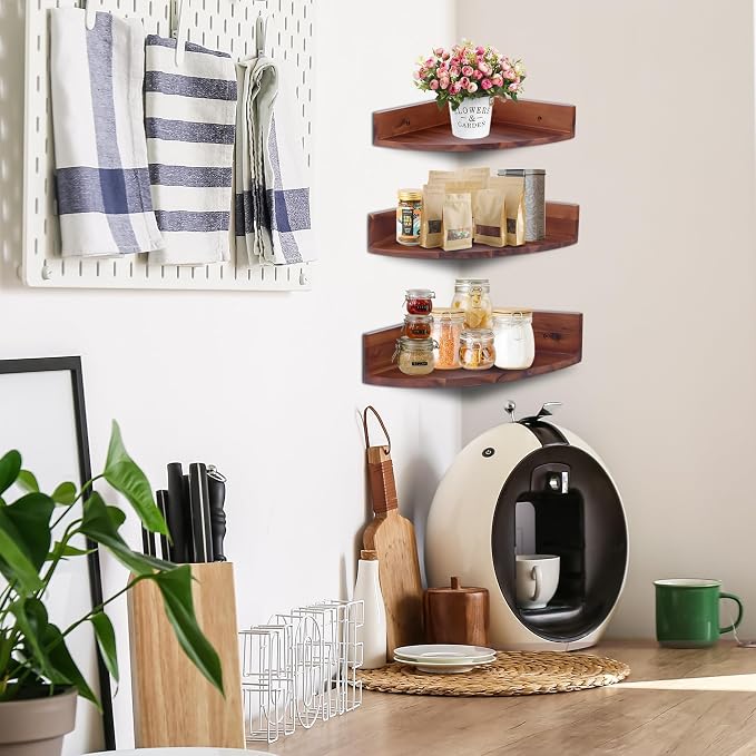 Demigo Corner Shelf Wall Mount Set of 3, Solid Acacia Wood Round Floating Corner Shelves for Storage and Display, Hanging Wood Shelves for Bedroom, Kitchen, Living Room, Bathroom (Brown) | Hanging Wall Storage & Display Corner Rack for Bedroom, Kitchen...