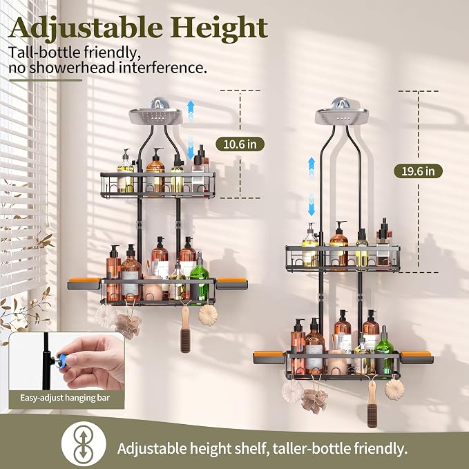Skyapex Shower Caddy Hanging Over Shower Head, Adjustable, Black | Adjustable height fits tall bottles up to 18 inches; anti-sway design holds 40 lb; quick-drain steel; includes 2 soap trays.