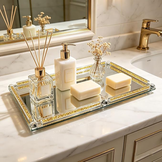 Large Mirror Perfume Tray for Dresser,Crushed Diamond Filled Glass Vanity Tray,Gold Decorative Bathroom Tray,Crystal Tray for Home Decorative,Party,Hotel Banquet,15.7x11.8x1.4inch,Gold