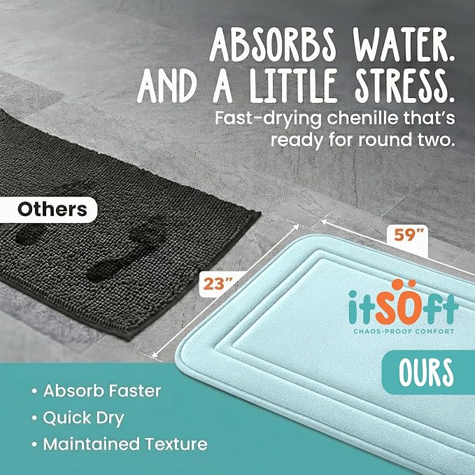 ITSOFT Memory Foam Bath Mat 59x23, Non Slip, Machine Washable, Quick Dry & Absorbent Rugs, Bath Mats for Bathroom Floor, Tub & Shower, Bathroom Rug, Spa Blue