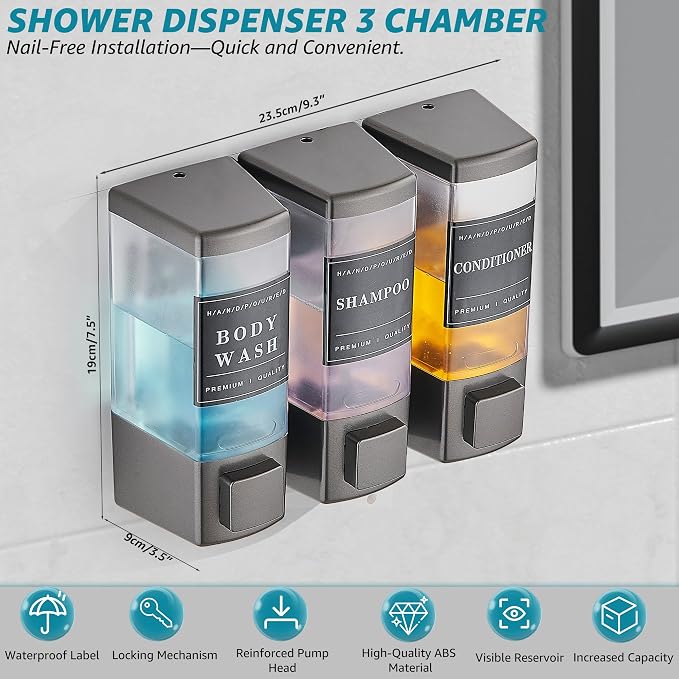 Shower Shampoo Dispenser 3 Chamber No Drill, Grey | Wall Mounted, Large Capacity 3×16.9oz, ABS Plastic Material, Refillable With Labels, For Bathroom Hotel