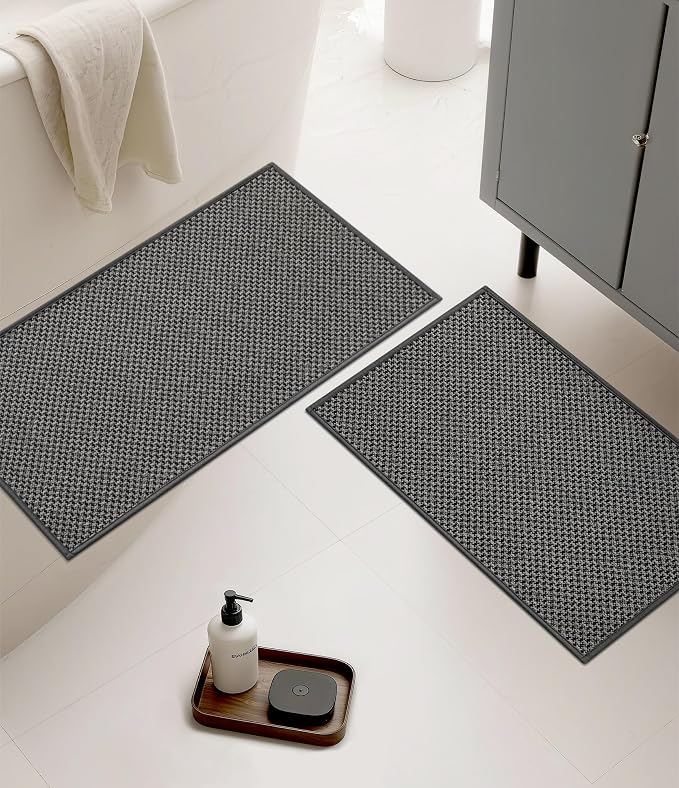 YIHOUSE Thin Bath Mat Dark Grey Bathroom Rugs Sets 2 Pieces, Non Slip Absorbent Mats Quick Dry, Woven Rugs Washable, Tapetes para Baño for Bathroom Toliet,Bathtub(17"x24"+17"x32")