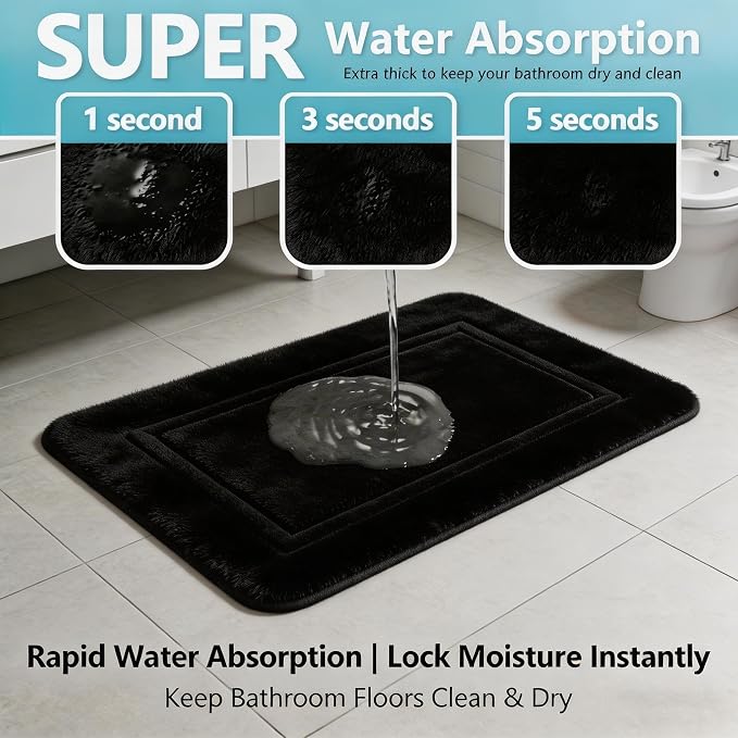 Bathroom Rugs Set 3 Piece Memory Foam, Bordered Toilet Rug, Non-Slip Black | Modern & Monochrome Decor — Black bath mats, absorbent and washable, with a U-shaped toilet mat.