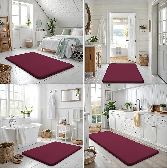 Smiry Memory Foam Bath Mat 36x24, Extra Soft and Absorbent Bathroom Rugs | Burgundy, Quick Dry Machine Washable Non-Slip Bath Mat for Bathroom Floor, Shower and Tub