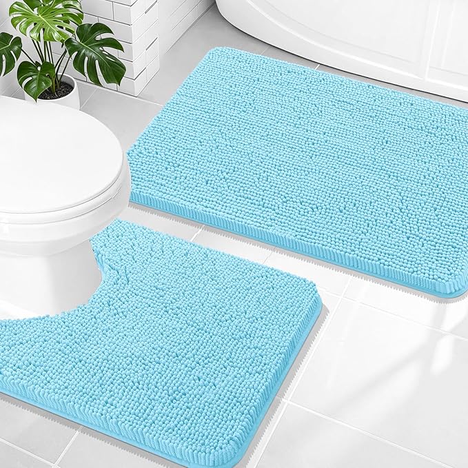 OLANLY Chenille Bathroom Rugs Mats Sets 2 Piece, 30"x20"+24"x20", Sky Blue | Soft Absorbent Bath Mat and U-Shaped Contour Toilet Rug Set, Quick Dry, Machine Washable Bath Carpet, Home Decor Accessories