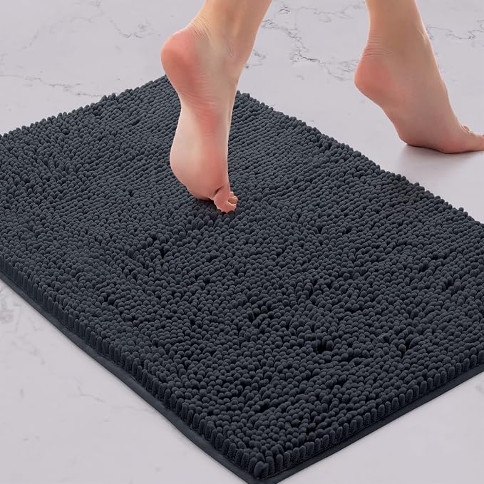 LuxUrux 4-Piece Bathroom Rug Set - Soft Chenille Mats, Non-Slip Toilet Mat & Lid Cover for Comfort & Style (20x20 U, 16x24, 20x30 & 19x19 inches, Charcoal)