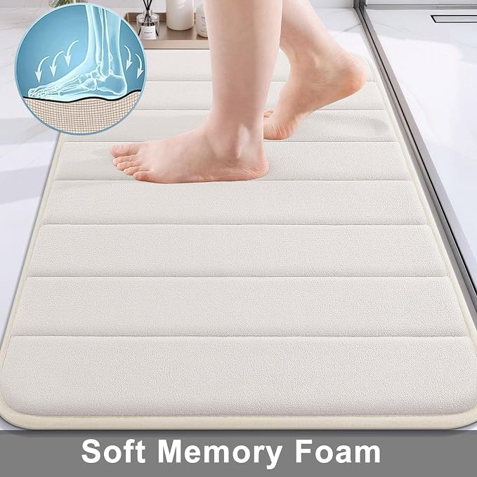 Buganda Memory Foam Bath Mat 31.5 x 20, Ultra Soft Absorbent Bathroom Rugs | Cream, Machine Washable Quick Dry Bath Mats for Bathroom Floor, Shower and Tub, Home Decor Accessories