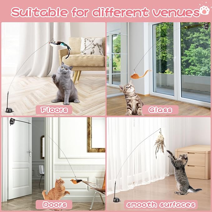 Interactive Bird Simulation Cat Toy Set | Cat Wand Toys,Includes 2 Self-Holding Suction Cup Bases and 6 Detachable Replacement Feather Toys