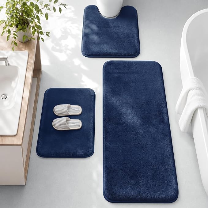 HUXMEYSON 3-Piece Memory Foam Bathroom Rug Set, Navy | Quick Dry Velvet Surface, Non-Slip & PVC Backing, Ultra Soft Bath Rugs for Bathroom, 17"x24"+20"x48"+U Shape 20"x24"