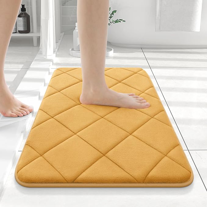 OLANLY Memory Foam Bath Mat 24x16, Ultra Soft and Absorbent Bathroom Rugs | Yellow, Quick Dry, Machine Washable Shower Bath Rugs, Comfortable Bath Carpet for Bathroom Floor, Tub and Shower