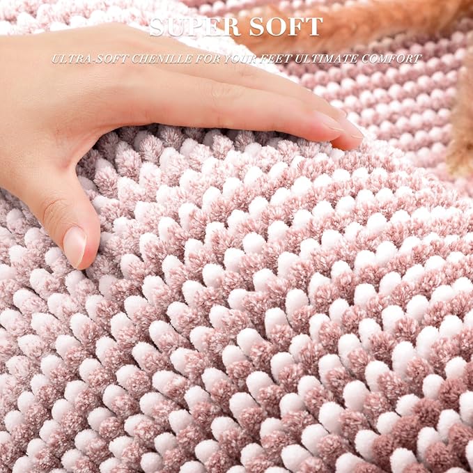 Bathroom Rugs Sets 2 Piece, Non Slip Striped Bath Mats, Mist Pink | 20"x32" Plus 16"x24"，Soft Absorbent Chenille, Quick Dry Machine Washable, Shower Rug for Bathroom Floor, Tub, Bedroom Decor