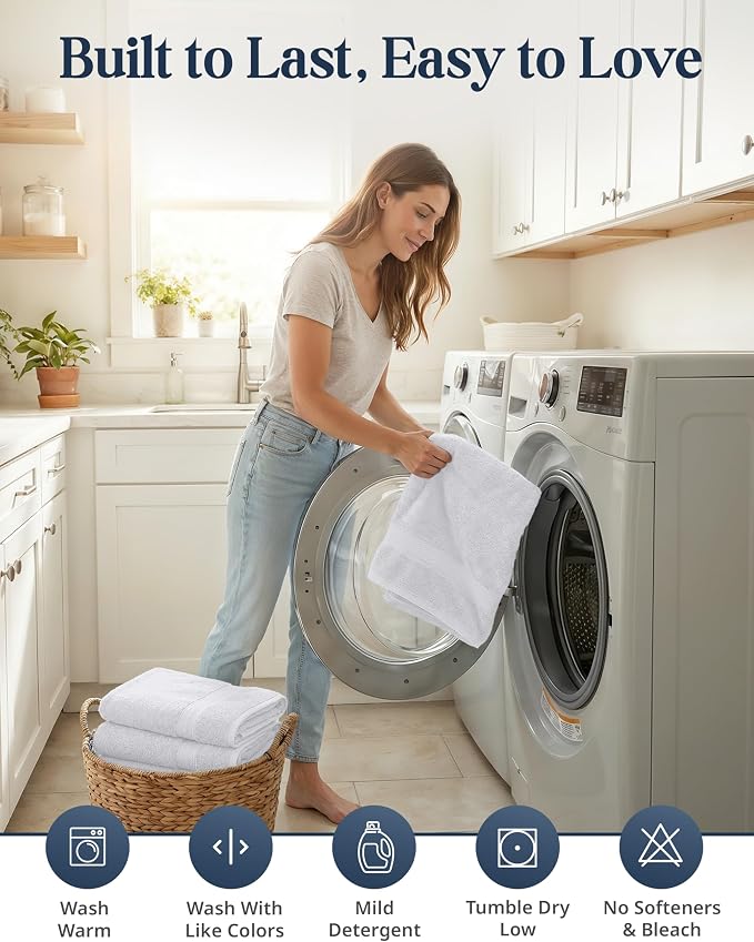 LANE LINEN Bath Towel Set 100% Cotton 16 Piece Soft Absorbent - White | Shower Towels - Generously Sized, Oversized & Roomy, Lightweight & Breathable, Fade-Resistant Color, Classic Terry Weave