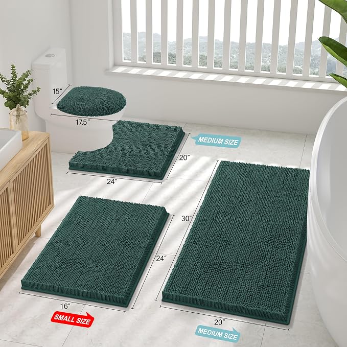 Smiry Chenille Bathroom Rugs Sets 2 Piece (30x20+ U Shape 24x20, Green) | Soft Absorbent Machine Washable Non Slip Shaggy Bath Rug Set for Tub, Shower, and Floor, Home Decor