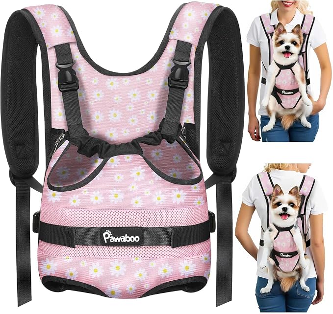 Pawaboo Pet Front Carrier Backpacks for Small Medium Dogs | Legs Out Easy-fit,Adjustable Straps,Hands-free,for Travel Hiking Cycling Camping Pink Daisy M