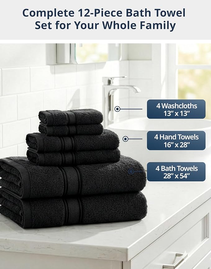 LANE LINEN Bath Towel Set Quick Dry 100% Cotton 12 Piece Soft - Black | Cotton Bath Towels - Classic Terry Weave, Densely Woven, Coordinated Colors, Dobby Border Accent, OEKO-TEX Certified