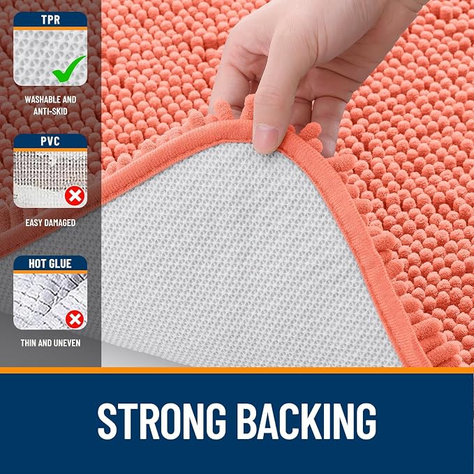 OLANLY Chenille Bathroom Rugs Mats Sets 2 Piece, 36"x24"+24"x20", Coral | Soft Absorbent Bath Mat and U-Shaped Contour Toilet Rug Set, Quick Dry, Machine Washable Bath Carpet, Home Decor Accessories