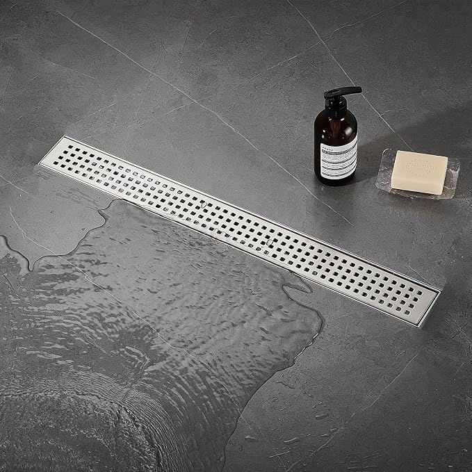 AVSIILE Linear Shower Floor Drain, Brushed Nickel 48 Inch 304 Stainless Steel Bathroom Drains Kit, Long Rectangular Shower Trench Drain with Square Pattern Drain Cover & Hair Catcher