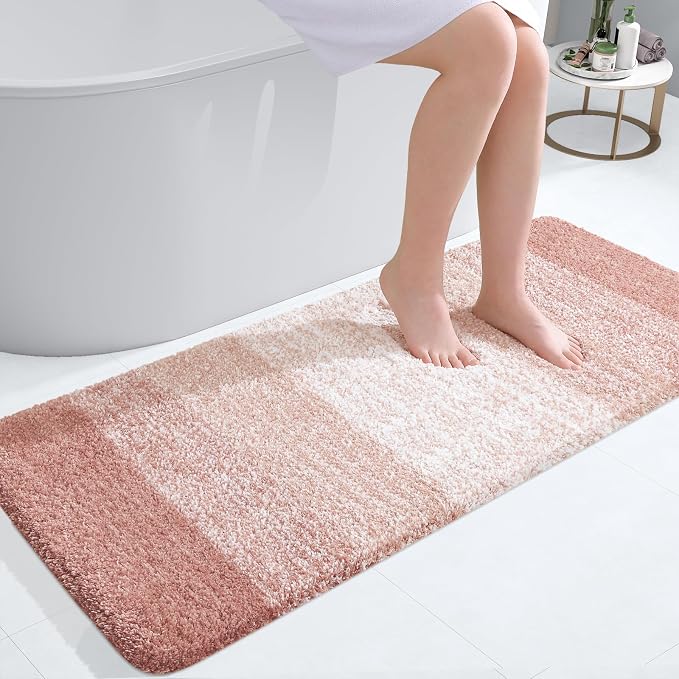 OLANLY Bathroom Runner Rug 40x20, Extra Soft Absorbent Microfiber Bath Rugs | Peach, Non-Slip Quick-Drying Rubber Backing, Machine Washable Long Bath Mat for Floor, Tub and Shower, Home Decor Accessories