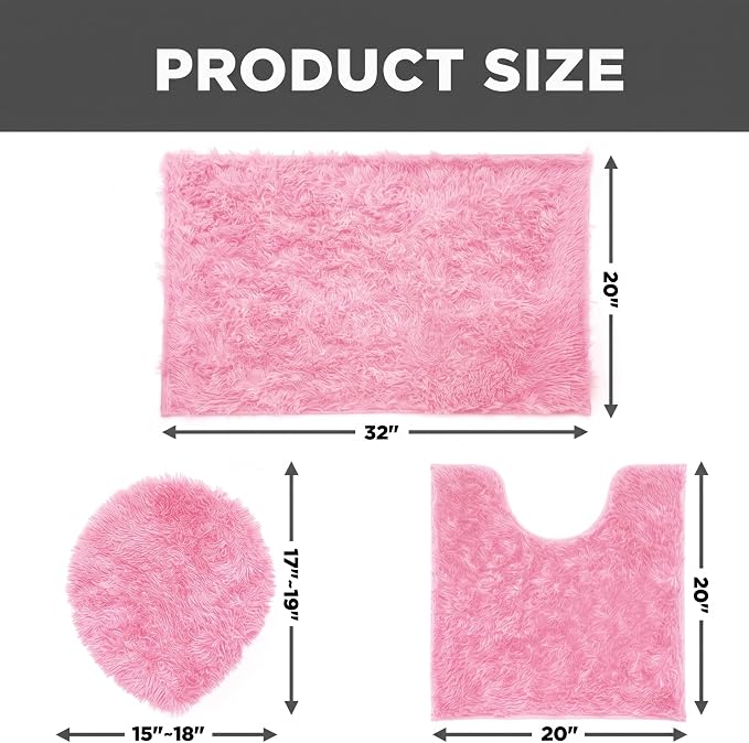 Shaggy Bathroom Rugs Sets 3Piece Bath Mat for Bathrom Non-Slip Bathrom Mats Water Absorbent Bath Rug Floor Mats Soft Washable Shower Rug with U-Shaped Contour Rug Toilet Lid Cover Light Pink