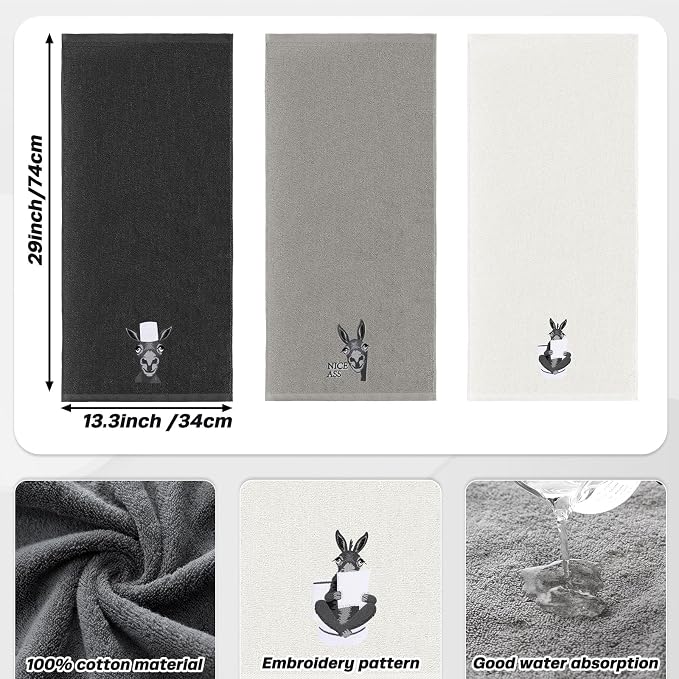 3 Pcs Donkey Hand Towels for Bathroom Kitchen Decor Gifts | Embroidered Donkey Design, 100% Cotton, Farmhouse Bathroom Kitchen Decor, Absorbent Towels, Holiday Housewarming Gifts
