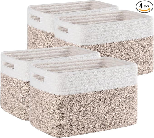 4 Pack Storage Baskets for Organizing, Woven Baskets for Shelves - Perfect for Toys, Books, Towels, and Clothes, Durable Gift Basket Bins Toy Storage, 12.7''Lx9''Wx7.8''H, Brown & White
