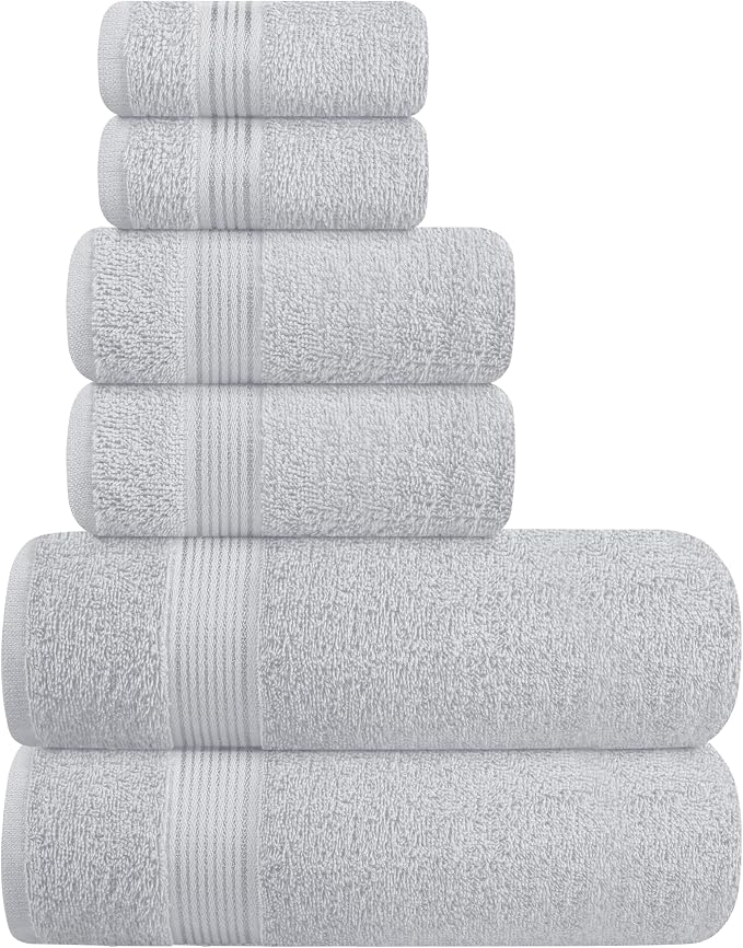 Ultra Soft 6 Pack Cotton Towel Set, Contains 2 Bath Towels 28x55 inch, 2 Hand Towels 16x24 inch & 2 Wash Coths 12x12 inch, Ideal for Everyday use, Compact & Lightweight - Light Grey