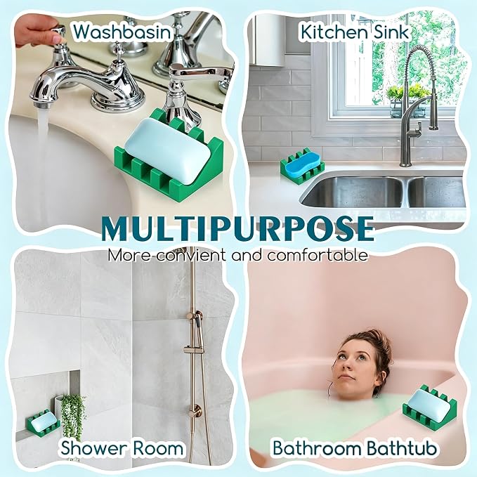 Silicone Soap Dish Self Draining with Suction Cups (Green,1 Pack) | Waterfall drainage design drains fast to keep soap dry silicone soap saver with reusable suction cups for bathroom & kitchen