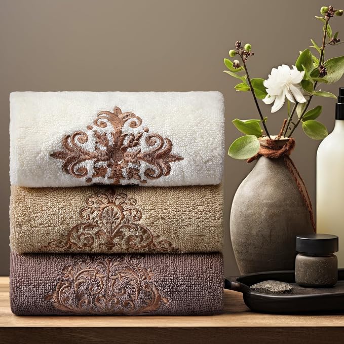 3 Pcs Vintage Brown Hand Towels Fancy Bathroom Decor | Embroidered Scroll Flower Design, 100% Cotton, Brown Bathroom Kitchen Decor, Absorbent Towels, Holiday Housewarming Gifts