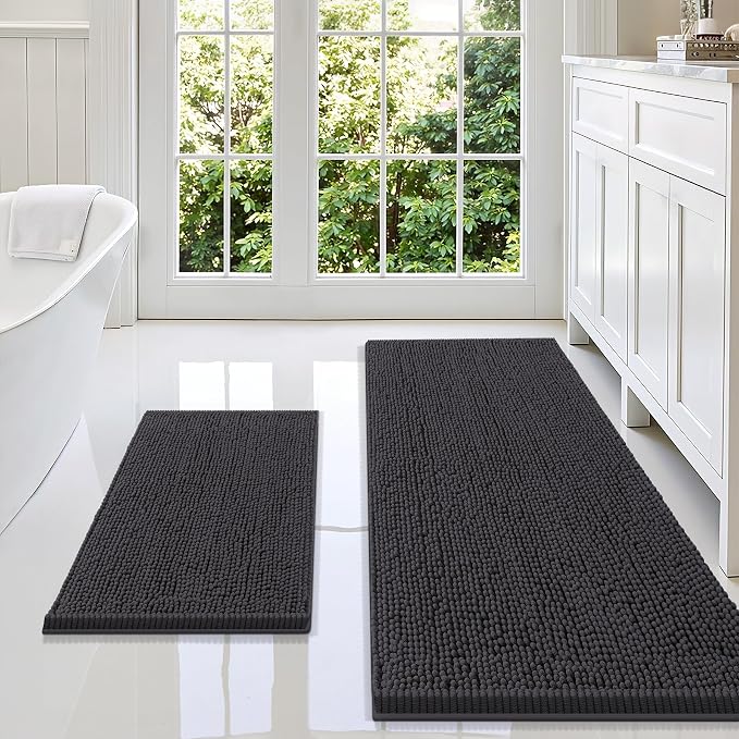 Smiry Chenille Bathroom Rugs Sets 2 Piece (59x20+24x16, Charcoal Grey) | Soft Absorbent Machine Washable Non Slip Shaggy Bath Rug Set for Tub, Shower, and Floor, Home Decor