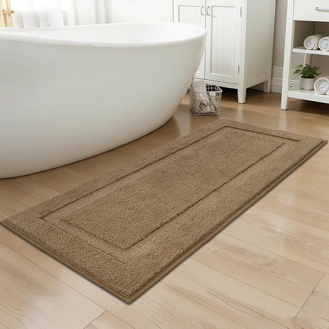 SHACOS Soft Microfiber Bathroom Rugs Set of 2 Pieces, Khaki Brown | 47x20 + 32x20, Absorbent Plush Bath Rugs, Non Slip Washable Shaggy Bath Mats, Fluffy Bathroom Runner Floor Mats Shower Rug