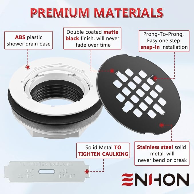 Enhon 4.25" OD Shower Drain Assembly, Snap in Shower Base Drain and Round Grid Strainer Cover, Fits 2 in. Schedule 40 ABS and PVC Pipes, Stainless Steel Cap, ABS Base(Matte Black,1 Pack)
