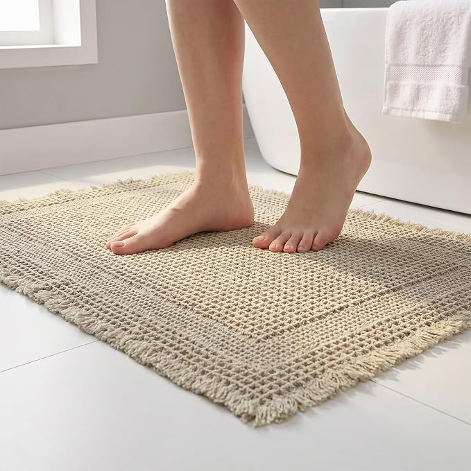 Waffle Bath Mat, Non Slip Bathroom Rugs Mats Set, Super Absorbent Quick Dry Bath Mats for Bathroom, Machine Washable Boho Rugs with Tassels,17"x24"+24"x36"+24"x48" (Brown)