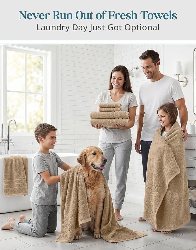 Casa Platino Large Bath Towel Set Absorbent Quick Dry 100% Cotton - Beige | Cotton Towels - Fade-Resistant Color, Classic Terry Weave, Densely Woven, Coordinated Colors, Dobby Border Accent
