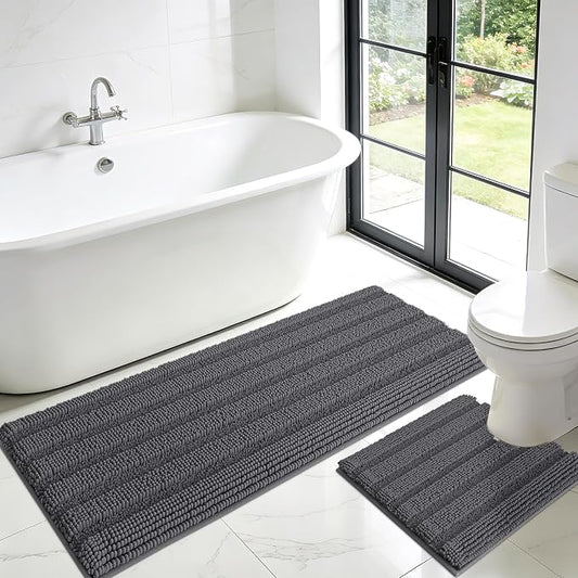 Striped Grey Toilet Bathroom Rug Mat Bath Mat Set 2 piece Ultra Soft, Non Slip Chenille Bath Rugs, Absorbent Plush Shaggy Bath Mats for Bathroom, Bedroom, Kitchen, Shower, Tub,Dark Gray, Charcoal
