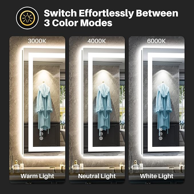 Briivue 24x36 Inch LED Bathroom Mirror with Lights, Backlit & Front Lit | Anti-fog, 3 Color Dimmable, Memory Function, HD Reflection Tempered Glass, ETL Listed, IP54 Waterproof