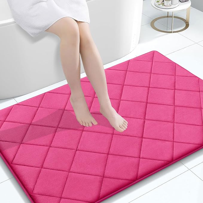 OLANLY Memory Foam Bath Mat 47x32, Ultra Soft and Absorbent Bathroom Rugs | Deep Pink, Quick Dry, Machine Washable Shower Bath Rugs, Comfortable Bath Carpet for Bathroom Floor, Tub and Shower
