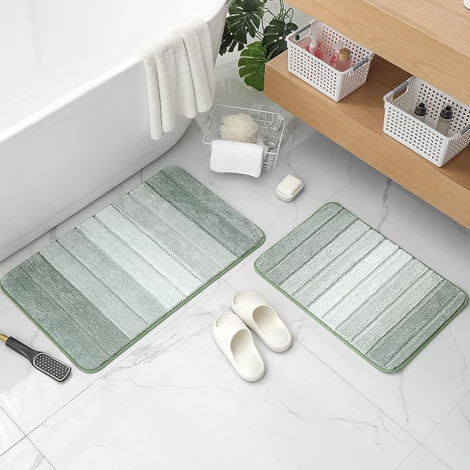 Kmson 2 Piece Ombre Bath Mat Set for Bathroom, Non Slip Ultra Soft and Thick Water Absorbent Bath Carpet, Machine Washable & Quick Dry Bathroom Rug, for Bedroom Door Living Room Green