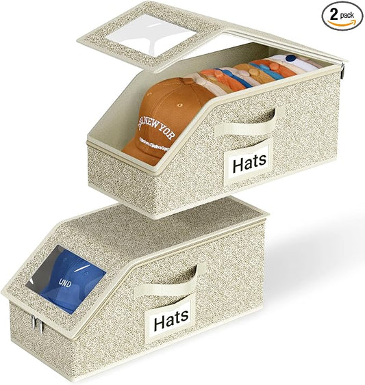 AOODA 2 PCS Stackable Hat Storage for Baseball Caps, Holds up to 24 Caps Hat Organizer for Closet, Sturdy Snapback Boxes for Men with Cardboard, Yellow