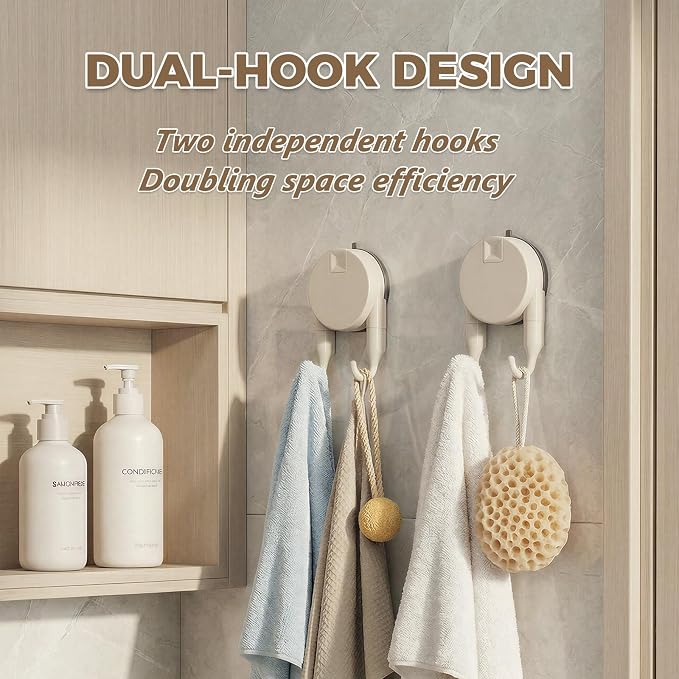 Strong Suction Cup Hooks for Shower, Bathroom, Kitchen, Heavy Duty Hangers for Door Wreaths, Robe, loofah, Towel, Utensils, Removable Wall Hooks for Tile, Glass, Mirror (2 Pack-Cream)