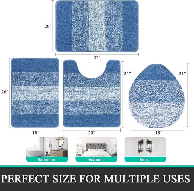 Bsmathom Bathroom Rug Set 4 Piece, Plush Microfiber Bath Mat, Blue | Super Water Absorbent, Non Slip Machine Washable Bath Rug Sets with Toilet Lid Cover and U-shaped Contour Toilet Mat