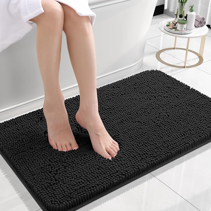 OLANLY Small Bathroom Rugs 24x16, Extra Soft Absorbent Chenille Bath Rugs | Black, Quick-Drying Rubber Backing, Machine Washable Bath Mat for Bathroom Floor, Tub and Shower, Home Decor Accessories