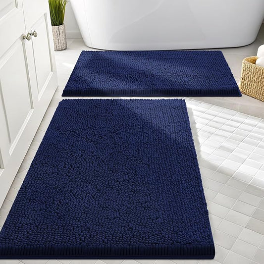 Smiry Chenille Bathroom Rugs Sets 2 Piece (30x20+24x16, Navy Blue) | Soft Absorbent Machine Washable Non Slip Shaggy Bath Rug Set for Tub, Shower, and Floor, Home Decor
