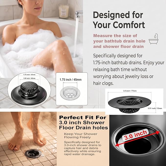 Seatery 1.75" Tub Drain Strainers, Bathtub Drain Hair Catchers, Stainless Steel Drain Filter Cover for Bathroom Laundry Floor Drain, Outer Diameter 3.0 inch, Inner Diameter 1.60 inch, Black