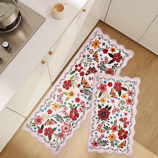 UKISS Kitchen Rugs, 2PCS Waterproof Kitchen Mats, Cushioned Anti Fatigue Kitchen Mat, Non-Slip Boho Comfort Mat for Kitchen, Floor Home, Sink, Laundry,17.3"x28"+17.3"x47", White &Pink (Pink)