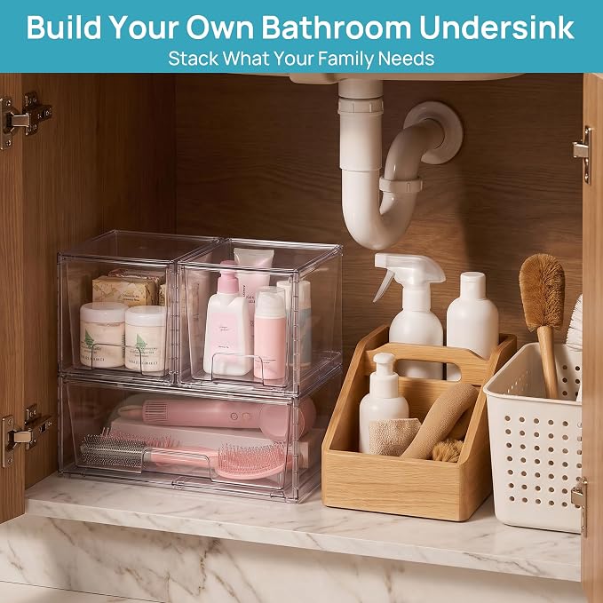 Vtopmart 3 Pack Stackable Storage Drawers, Easily Assemble Clear Plastic Organizer Bins, 1 Wide Drawer and 2 Medium Drawers for Pantry, Kitchen Cabinet, Bathroom, Closet Organization and Storage