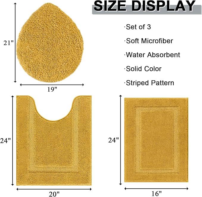 SHACOS 3 Pieces Bathroom Rugs with Toilet Lid Cover, Honey Mustard | Soft Absorbent, Non Slip, Washable, Microfiber, 16"x24"+U-Shape 20"x24"+Lid Cover19"x21"