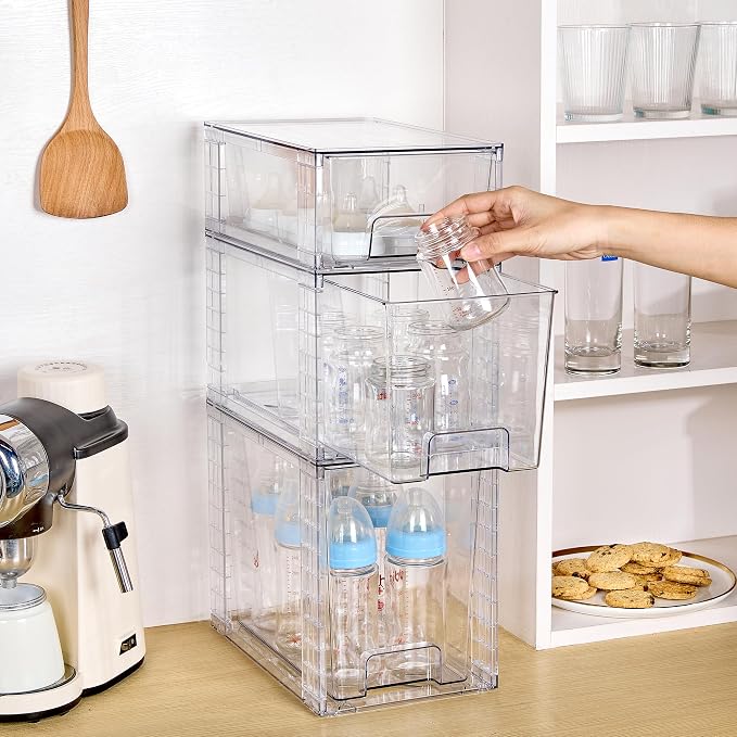 Vtopmart 6 Pack Clear Stackable Storage Drawers,Easy to Assemble Bathroom Organizers and Storage with handles,Plastic Drawers for Kitchen Pantry,Cabinet,Under Sink Organization