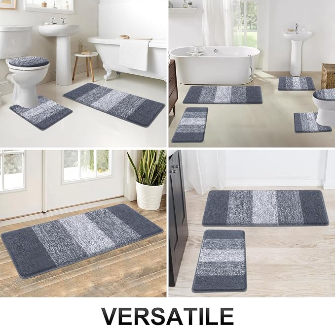 Bsmathom Bathroom Rug Set 5 Piece, Plush Microfiber Bath Mat, Dark Grey | Extra Water Absorbent, Non Slip Washable Runner Bath Rugs with Toilet Lid Cover and U-shaped Contour Toilet Mat