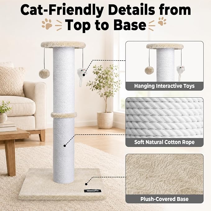 34-Inch Tall Cat Scratching Post for Large Cats, Stable Base, Beige | Heavy-Duty Cat Scratcher, Extra-Tall Thick Post, Soft Natural Cotton Rope, Hanging Interactive Cat Toys, Indoor Cat Furniture