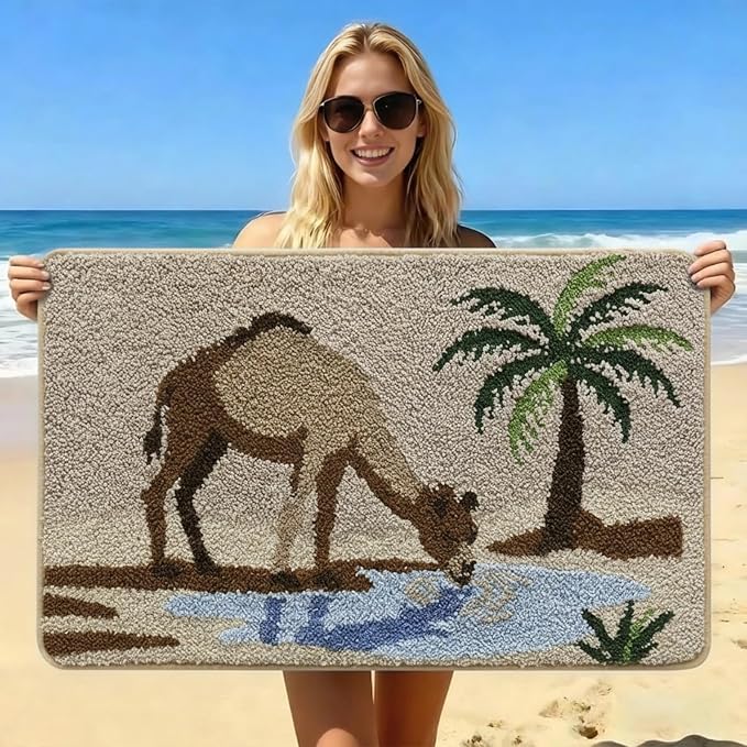 Bathroom Rug Mat, Desert Oasis Sunset Fluffy Rug with Camel & Palm Tree, Ultra Absorbent Microfiber Shaggy Door Mat, Quick Dry Bath Rug Carpet for Toilet Bathtub Bedroom 20x31 Inch